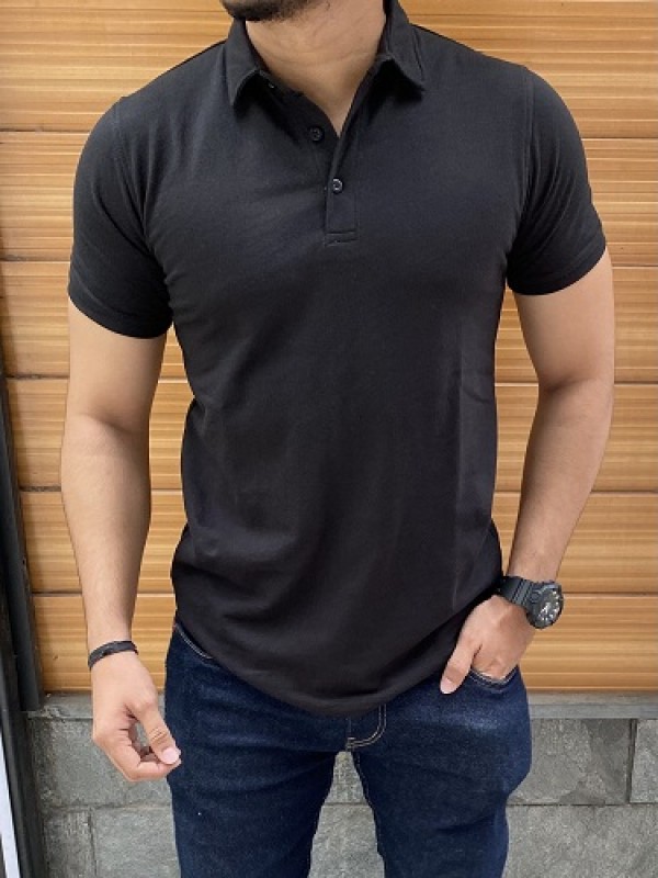  Collar Black Cotton Tshirt