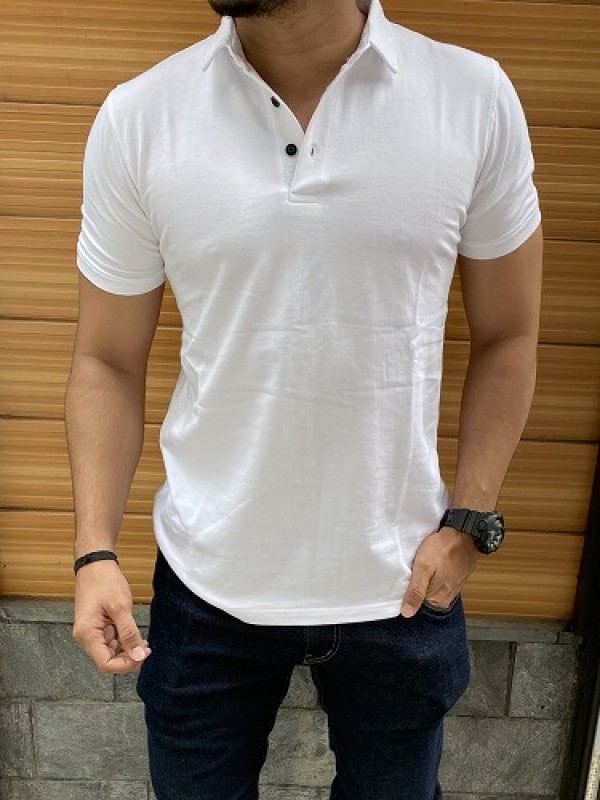  Collar White Cotton Tshirt