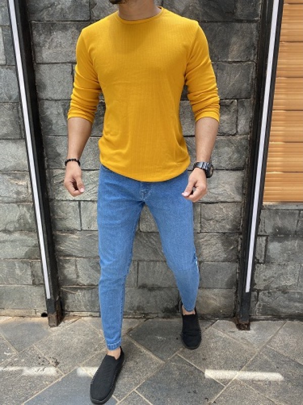    Vertical Rib Stretchable Mustard Fullsleeve Tshirt