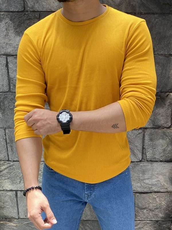    Vertical Rib Stretchable Mustard Fullsleeve Tshirt