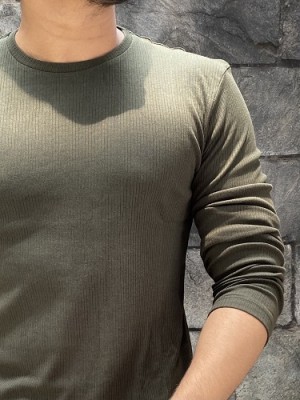    Vertical Rib Stretchable Olive Fullsleeve Tshirt