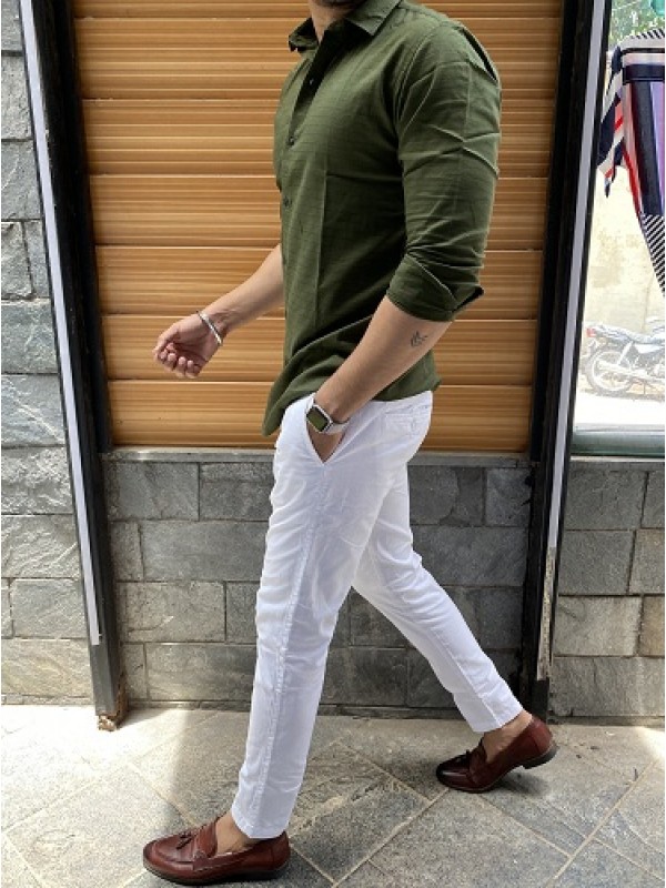 Olive green pants, brown loafers, white button up shirt. | White shirt men,  Olive green pants, Olive green shirt