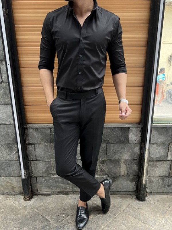    Plain Cotton Lycra Black Fullsleeves Shirt