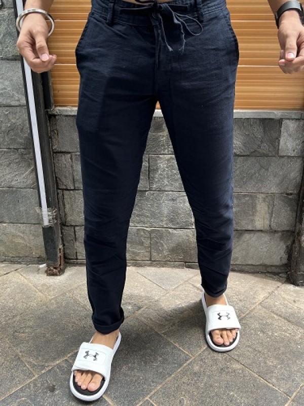      Elastic Waist Navy Linen Pant