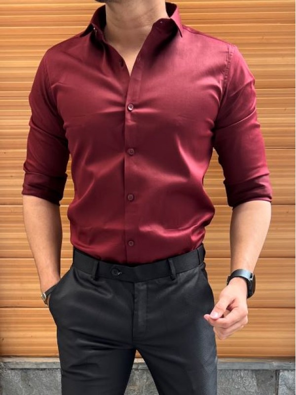         Stretchable Satin Maroon Fullsleeve Shirt