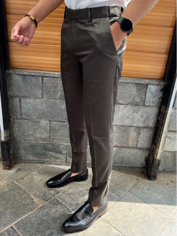     Dobby Elastic Waist Belt Brown Trouser