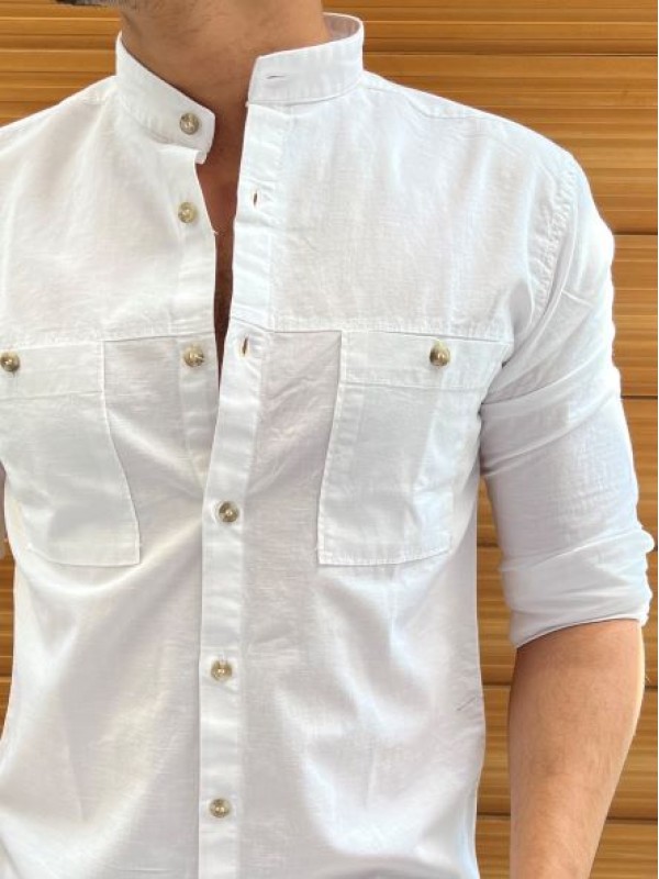               Mandarin Cargo White Linen Slub Shirt