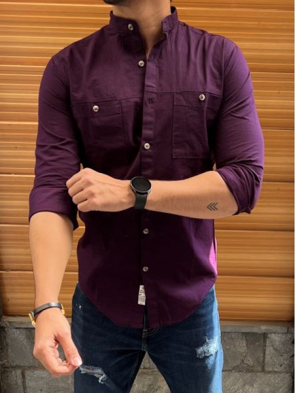               Mandarin Cargo Purple Linen Slub Shirt