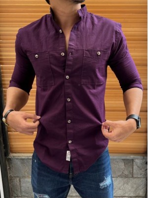               Mandarin Cargo Purple Linen Slub Shirt