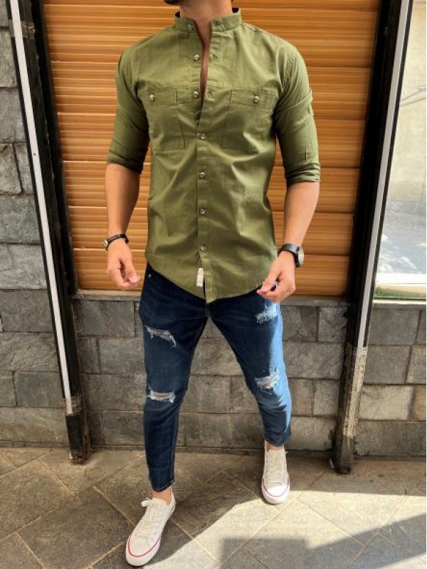               Mandarin Cargo Olive Linen Slub Shirt