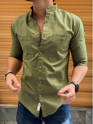               Mandarin Cargo Olive Linen Slub Shirt