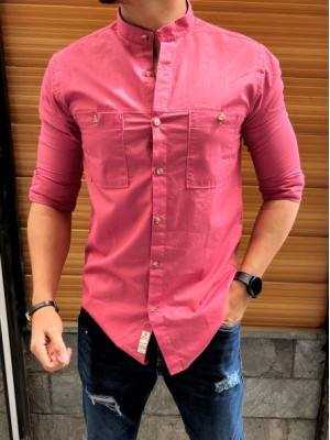               Mandarin Cargo Pink Linen Slub Shirt