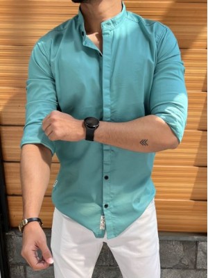          Concealed Placket Chinese Collar Turquoise Shirt