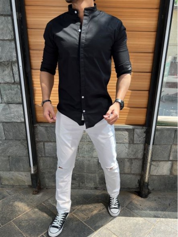 Chinese collar sales black shirt