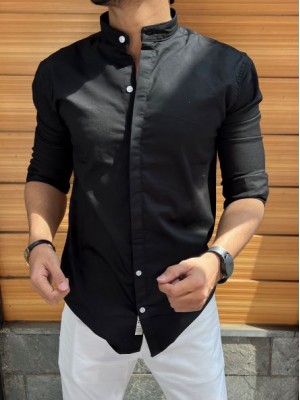          Concealed Placket Chinese Collar Black Shirt