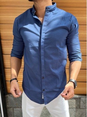          Concealed Placket Chinese Collar Blue Shirt