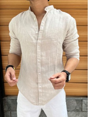                 Linen Mandarin Collar Cream Shirt 