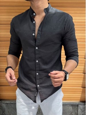            Linen Mandarin Collar Dark Grey Shirt 