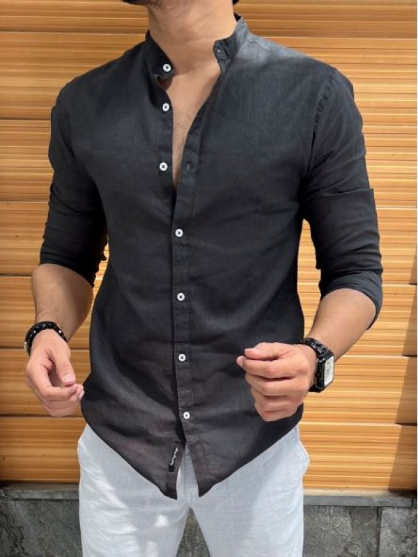 Linen Mandarin Collar Dark Grey Shirt