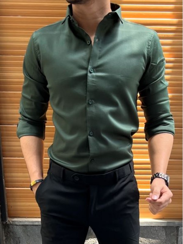           Stretchable Cotton Satin Green Fullsleeve Shirt