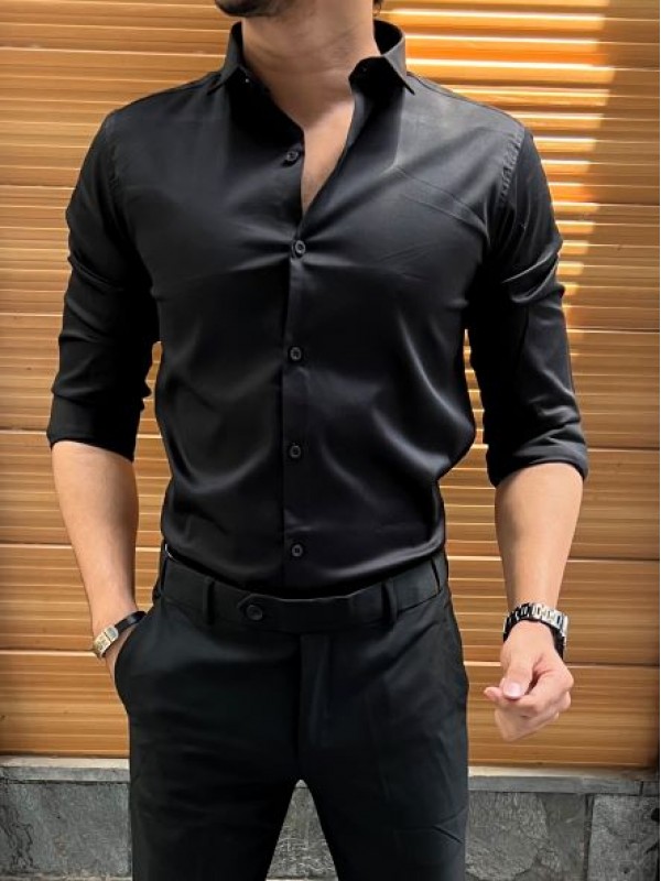           Stretchable Cotton Satin Black Fullsleeve Shirt