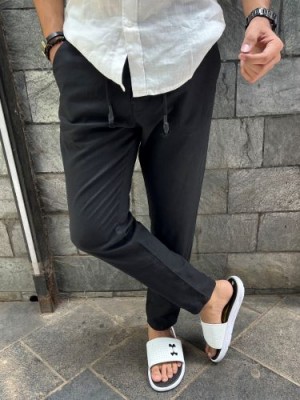            Ribbed Linen Black Pant