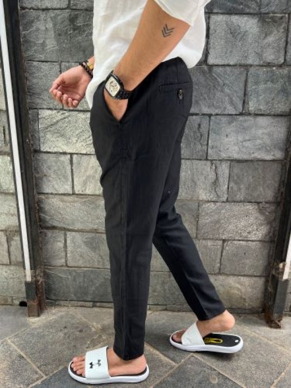            Ribbed Linen Black Pant