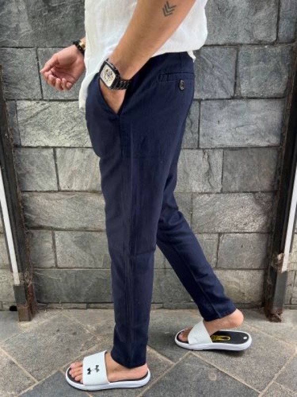            Ribbed Linen Navy Pant