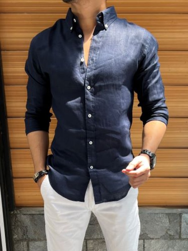           Linen Down Button Navy Shirt 