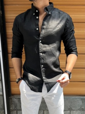           Linen Down Button Black Shirt 