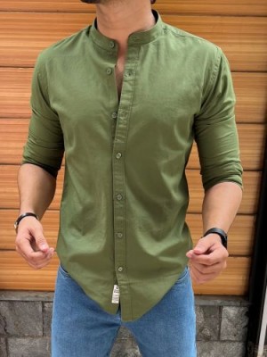          Chinese Collar Green Slub Shirt