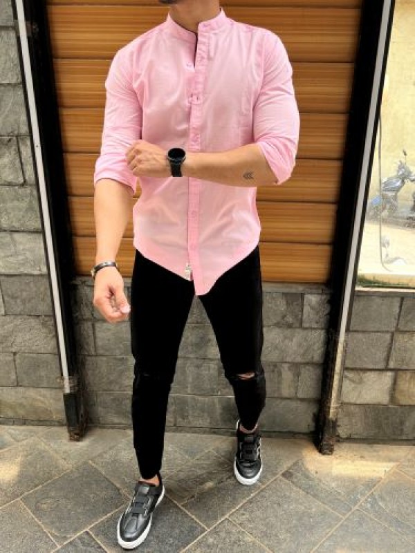           Chinese Collar Pink Slub Shirt