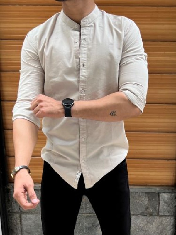                                   Chinese Collar Navy Slub Shirt