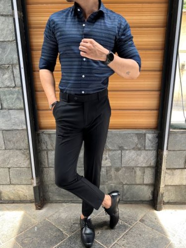             Party Wear Horizontal Stripe Blue Shirt