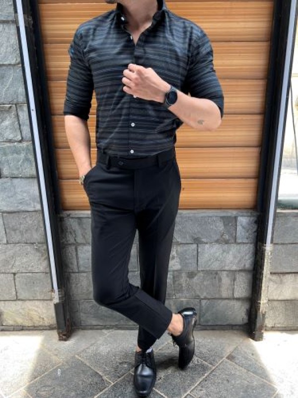             Party Wear Horizontal Stripe Black  Shirt