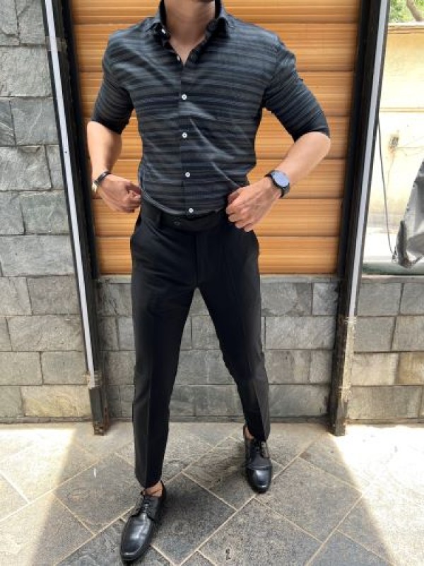             Party Wear Horizontal Stripe Black  Shirt