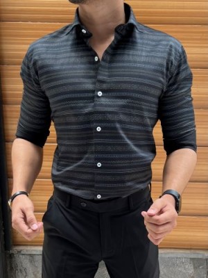             Party Wear Horizontal Stripe Black  Shirt