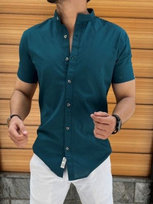                       Chinese Collar Blue Linen Slub Half Shirt