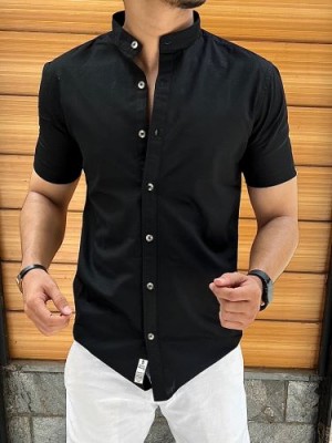                        Chinese Collar Black Linen Slub Half Shirt