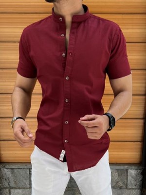                        Chinese Collar Maroon Linen Slub Half Shirt