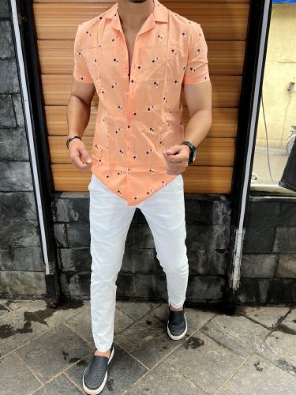             Cuban Collar Printed Peach Shirt