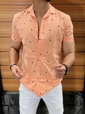             Cuban Collar Printed Peach Shirt