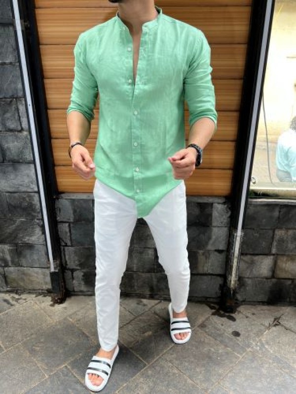                 Linen Mandarin Collar Green Shirt 