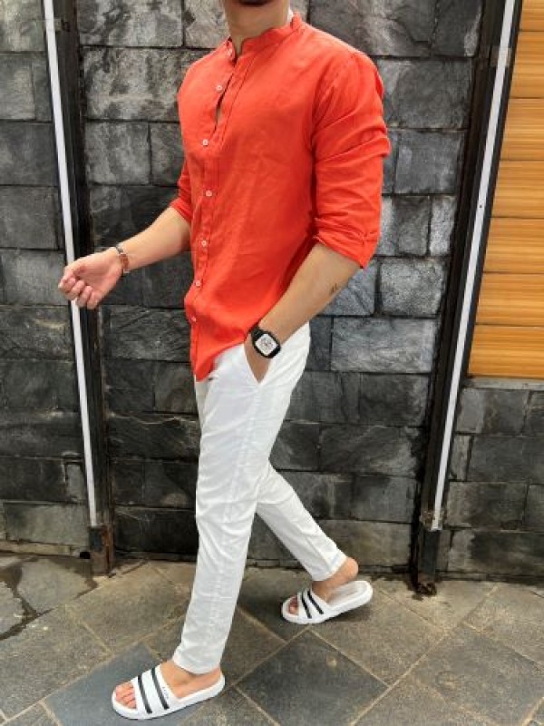                 Linen Mandarin Collar Orange Shirt 