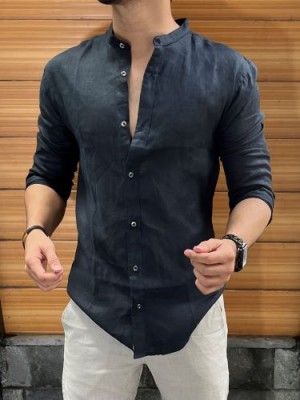                 Linen Mandarin Collar Black Shirt 