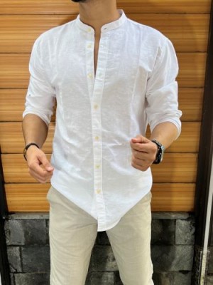                 Linen Mandarin Collar White Shirt 
