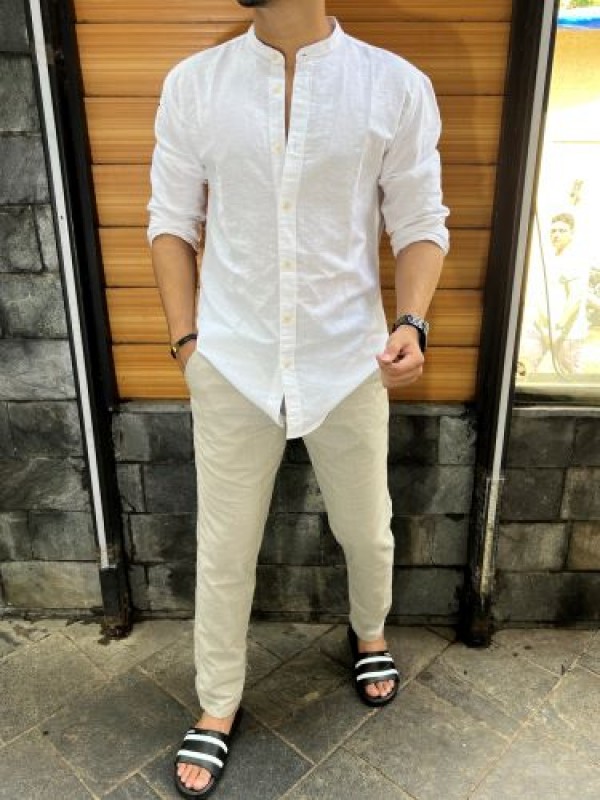                 Linen Mandarin Collar White Shirt 
