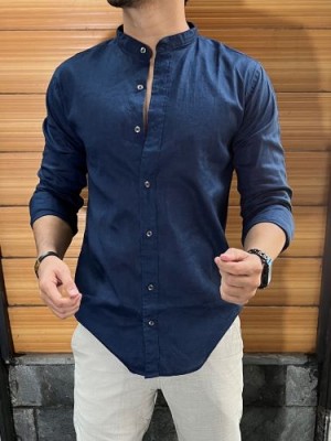                 Linen Mandarin Collar Navy Shirt 