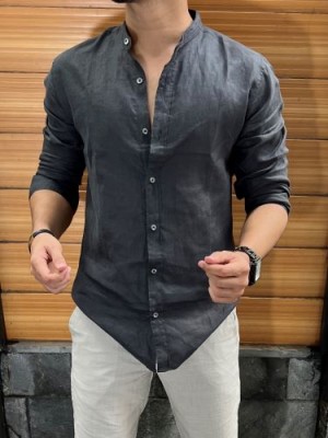                 Linen Mandarin Collar Dark Grey Shirt 