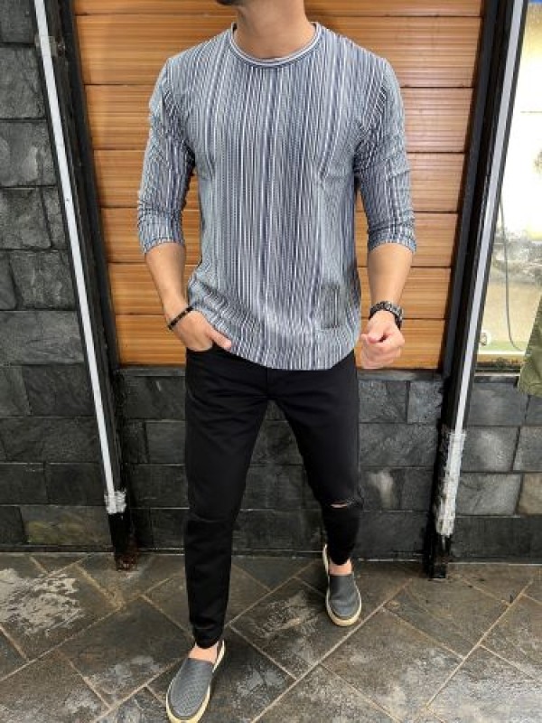           Vertical Grey Jacquard Fullsleeves Tshirts